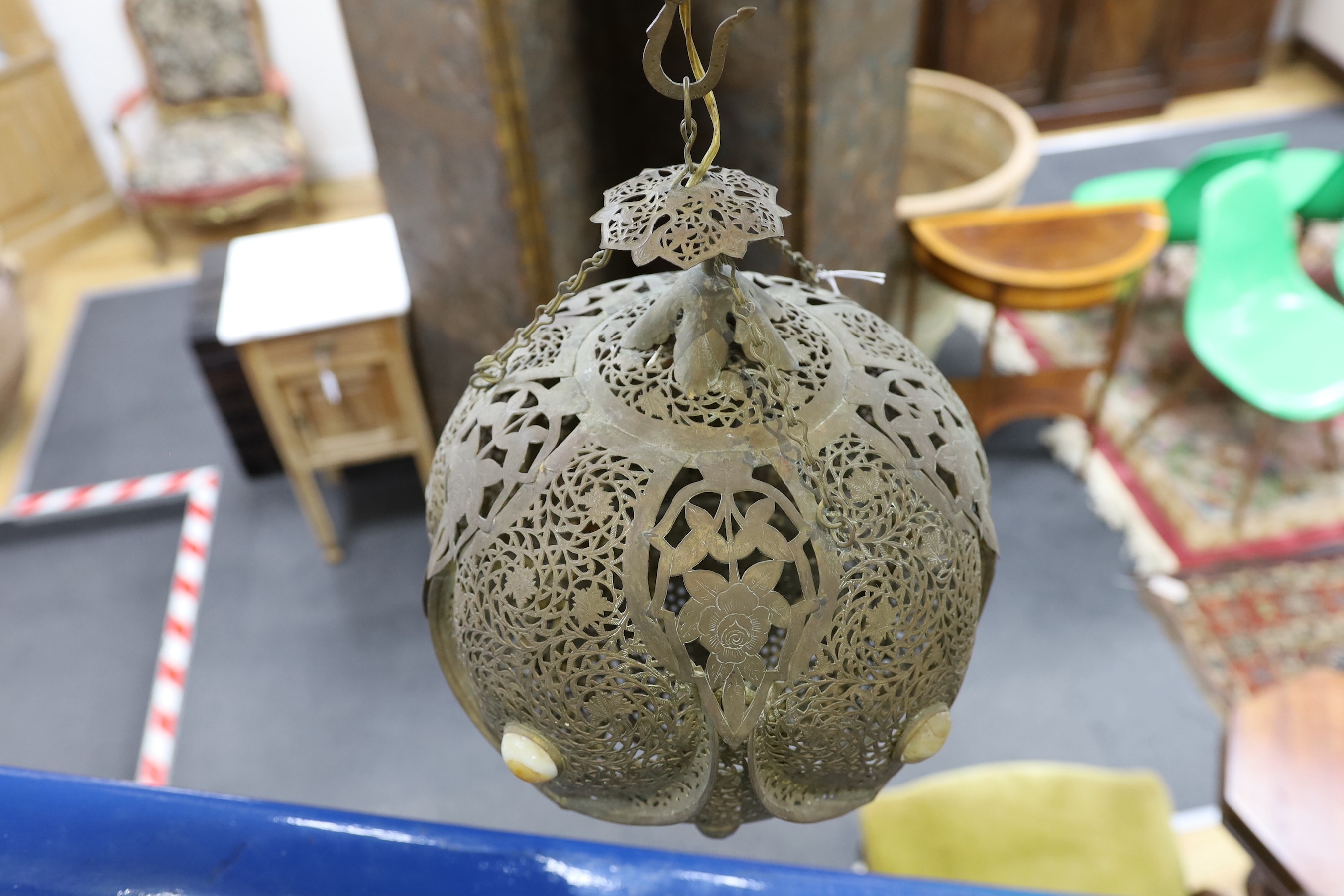 An Islamic brass and agate mounted hanging lantern
